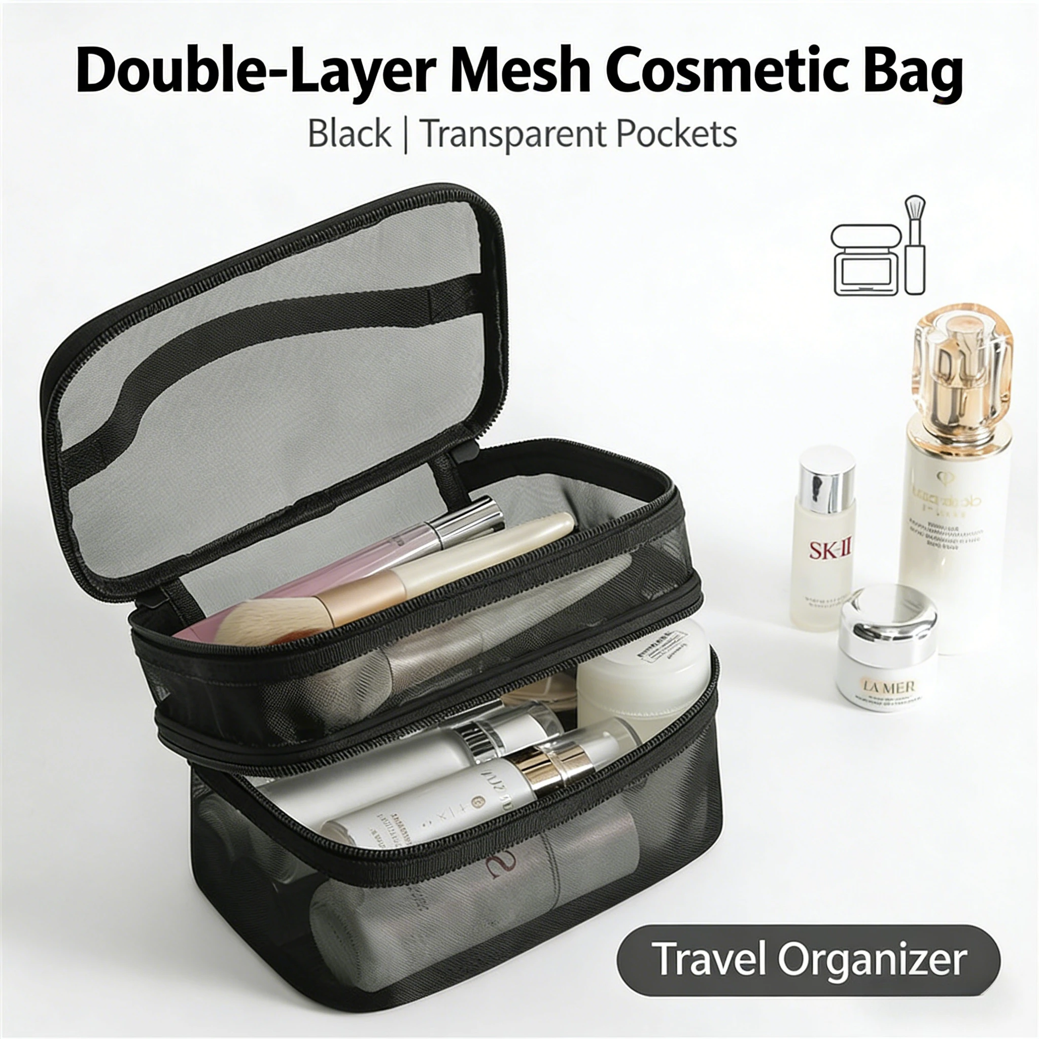 2025 nueva bolsa de cosméticos de malla de nailon de una y doble capa bolsa de aseo de malla portátil de gran capacidad bolsa de almacenamiento de cosméticos