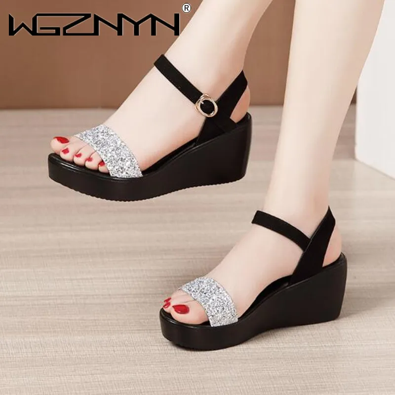 Summer Thick Bottom High Heel Women Shoes Size 35-40 Black Roman Wedges Heel Platform Women\'s Sandals Beach Shoes Open Toe Shoes