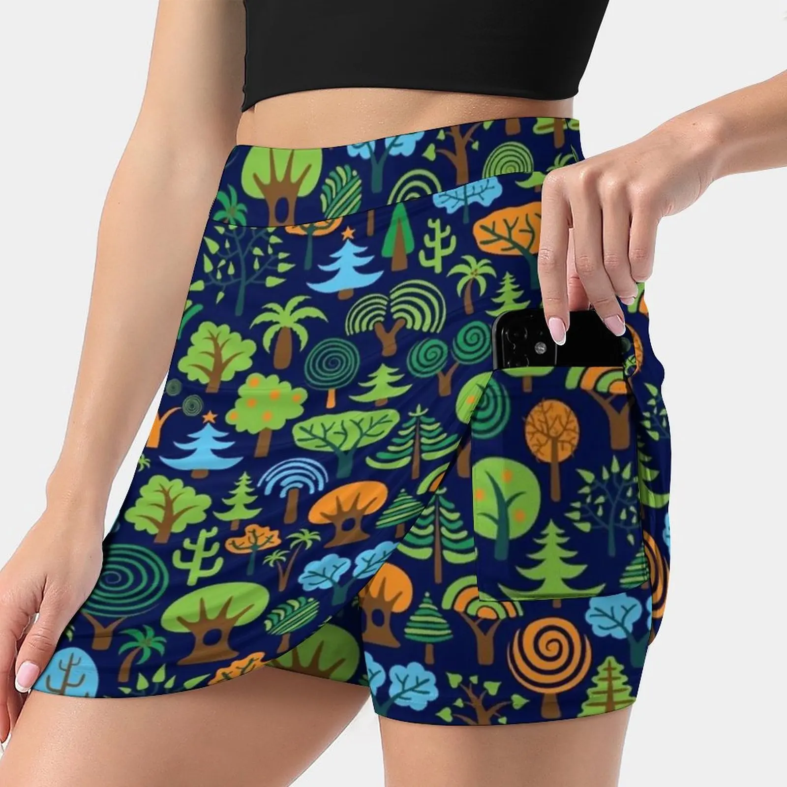 Colorful Assorted Trees Cartoon Style-Blue Background Skirts Woman Fashion 2022 Pant Skirt Mini Skirts Office Short Skirt