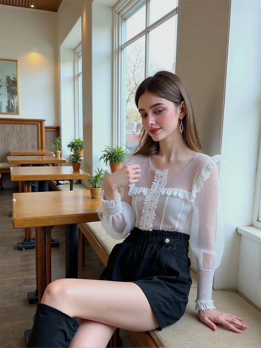 Black Woolen Wide Leg Shorts Womens Pleated Skort Women Chic Office Lady Elegant Button Ruffle Slimming Fashion Cute Preppy Blue