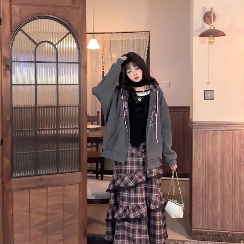 

Kimotimo винтажная клетчатая юбка-тортик женская осень-зима с высокой талией и рюшами длинные юбки трапециевидной формы милая универсальная юбка Y2k