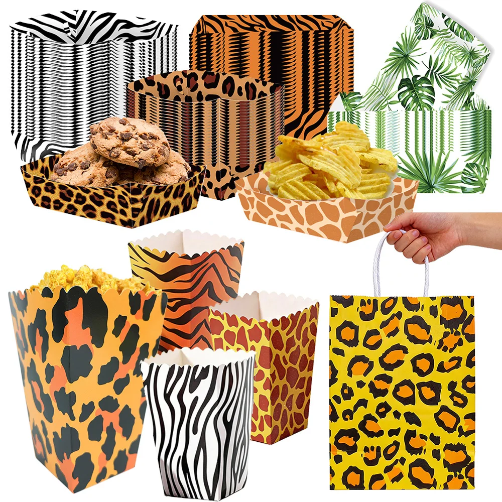 Dschungel-Safari Tier Einweg-Papier-Snackbox Popcorn-Box Geschenktüte Leopardenmuster Safari Geburtstagsparty Deko-Zubehör – Detail 1