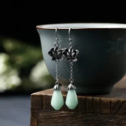 YILUOCD Vintage Boho Lotus Flower Earrings 925 Sterling Silver Jade Stone Drop Earrings for Women Amulet Jewelry Christmas Gift