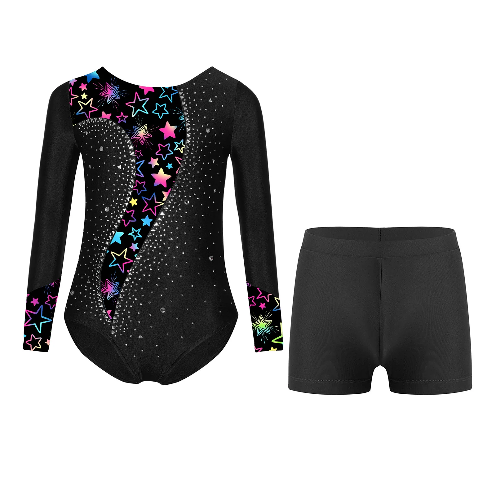 

Kids Girls Gymnastics Ballet Dance Outfits Printed Patchwork Shiny Rhinestone Leotards Long Sleeve Crotch Button Rompers+Shorts