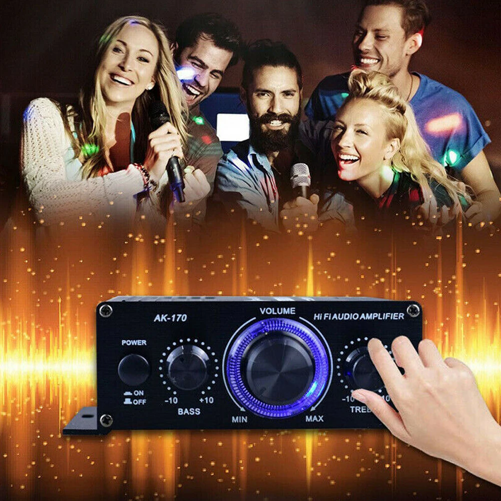AK-170 مضخم صوت ستيريو HiFi صغير يعمل بالبلوتوث LED 200 وات + 200 وات 12 فولت قوة مزدوجة القناة مضخم صوت منزلي للسيارة مع مضخم إدخال RCA