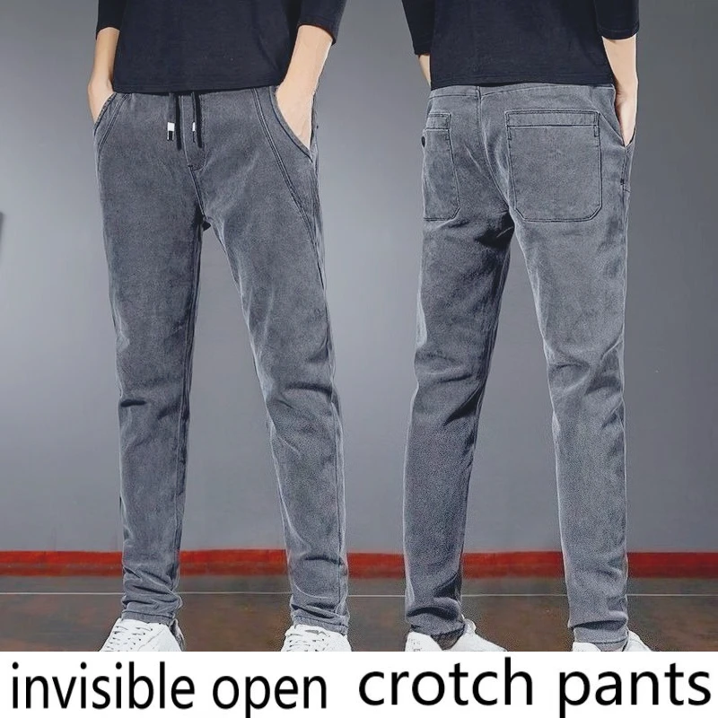 

Invisible Crotch Pants Elastic Waist Jeans Men's 2025 Autumn and Winter Fleece Thickened Slim-fitting Straight Elastic Casual