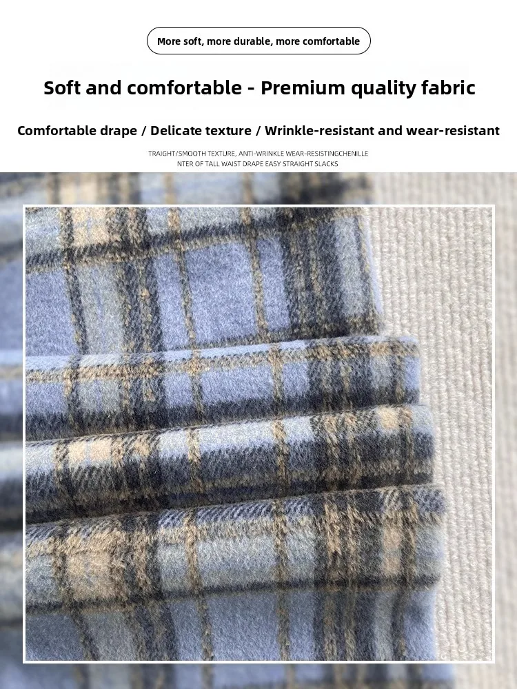 Blue Plaid Thiened Fce High Waist Straight Leg Wide Leg Pants Women's Casual Trousers Autumn Winter Slimming Effect