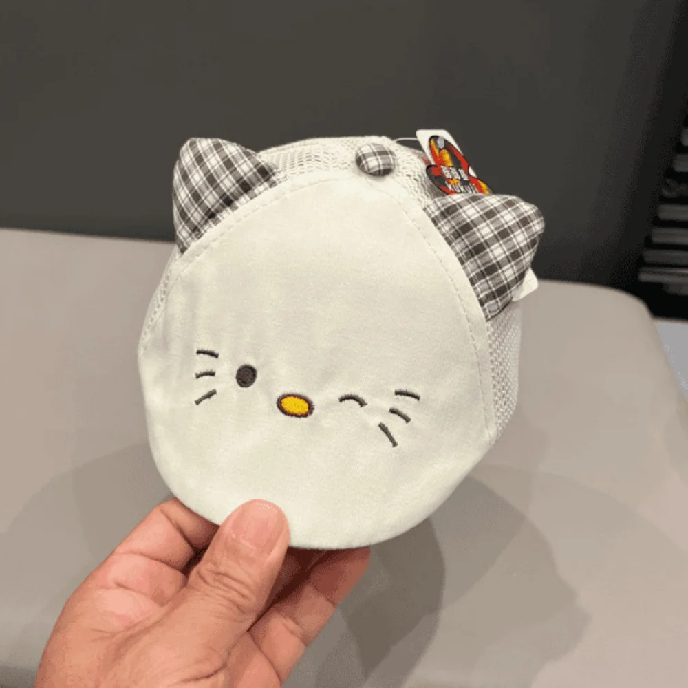 

Three-dimensional checkered cat ears, blinking kitten embroidered net veil front hat, for both boys and girls babies