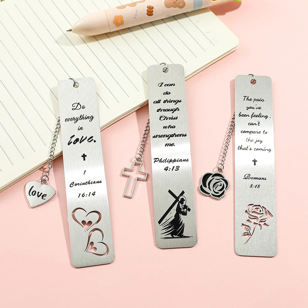 ไม้กางเขน กุหลาบ ที่คั่นหนังสือโลหะรูปหัวใจ ที่คั่นหนังสือสแตนเลสแบบโปร่ง สำหรับคนรักหนังสือ ของขวัญวันวาเลนไทน์