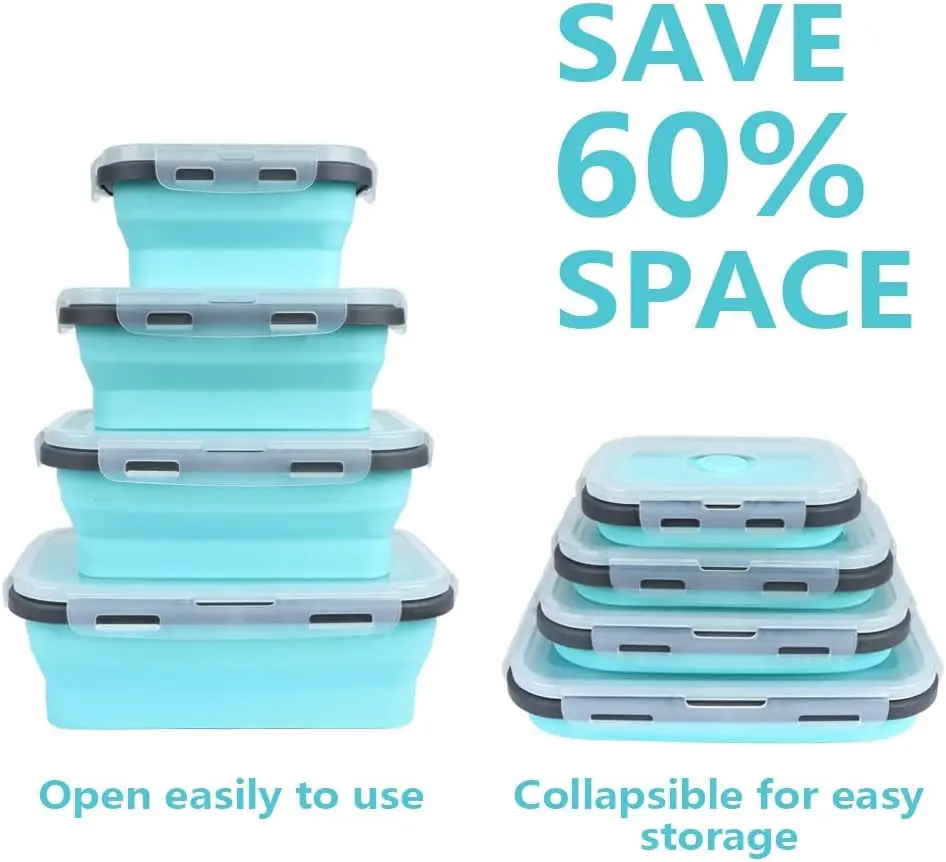 4PS Collapsible Food Storage Containers with Lids & Vent,, Kitchen Stacking Silicone Collapsible Meal Prep Container Set for