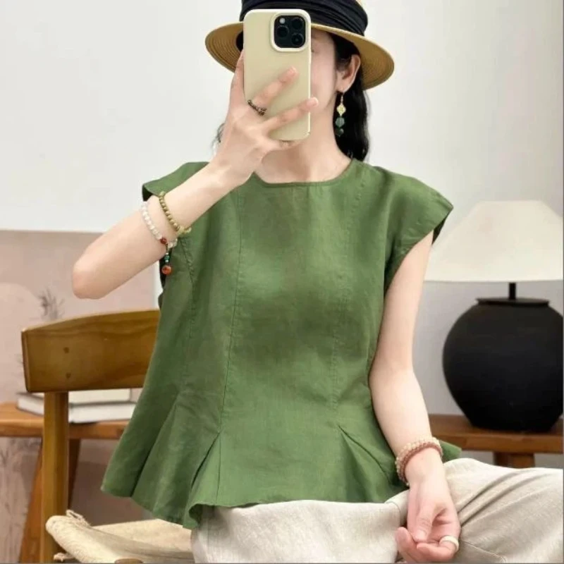 

Ruffles Solid Sleeveless Simplicity Temperament Shirt Tops Summer All-match Elegant Loose Blouse Fashion Vintage Women Clothing