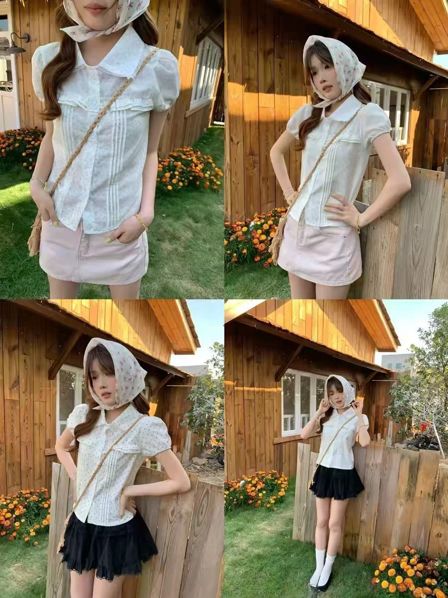 

Y2K Aesthetic Lolita Blouse Women Harajuku Ruffle Patchwork Tee Japanese Fairy Grunge Casual Daily
