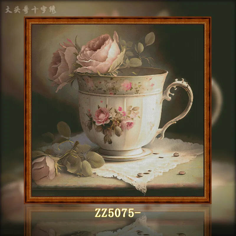 [ZZ5075-Rose Retro Teacup] DIY Stamped Cross Stitch Kit 14CT 16CT, Cotton Thread Set, Creative Needlework Project