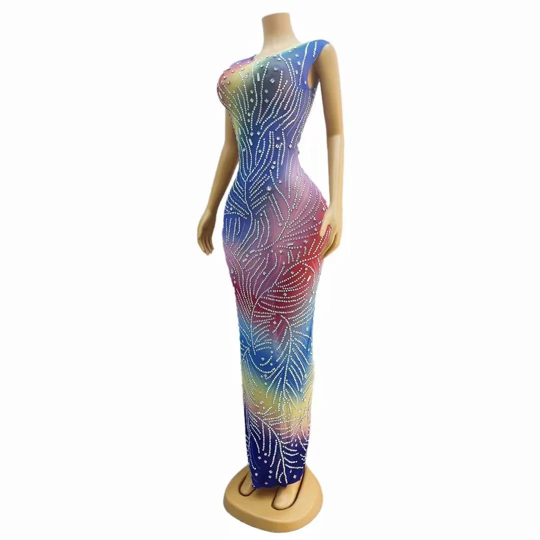 Rhinestones Transparent Colorful Sleeveless Dress Birthday Celebrate Dresses Evening Dance Team Performance Costume yinsi