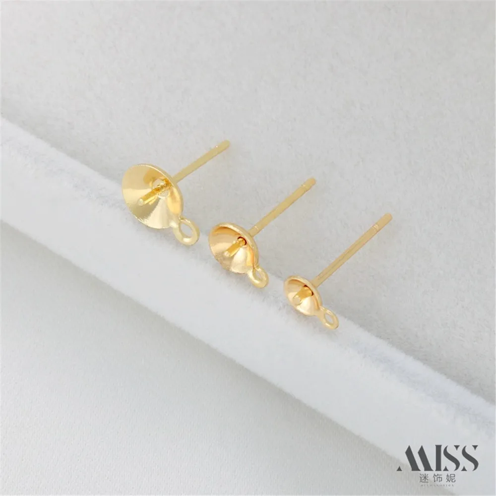 14K Gold-wrapped S925 Silver Needle Half-hole Bead Holder Sticky Pearl Earneedle DIY Handmade Stud Earrings Material