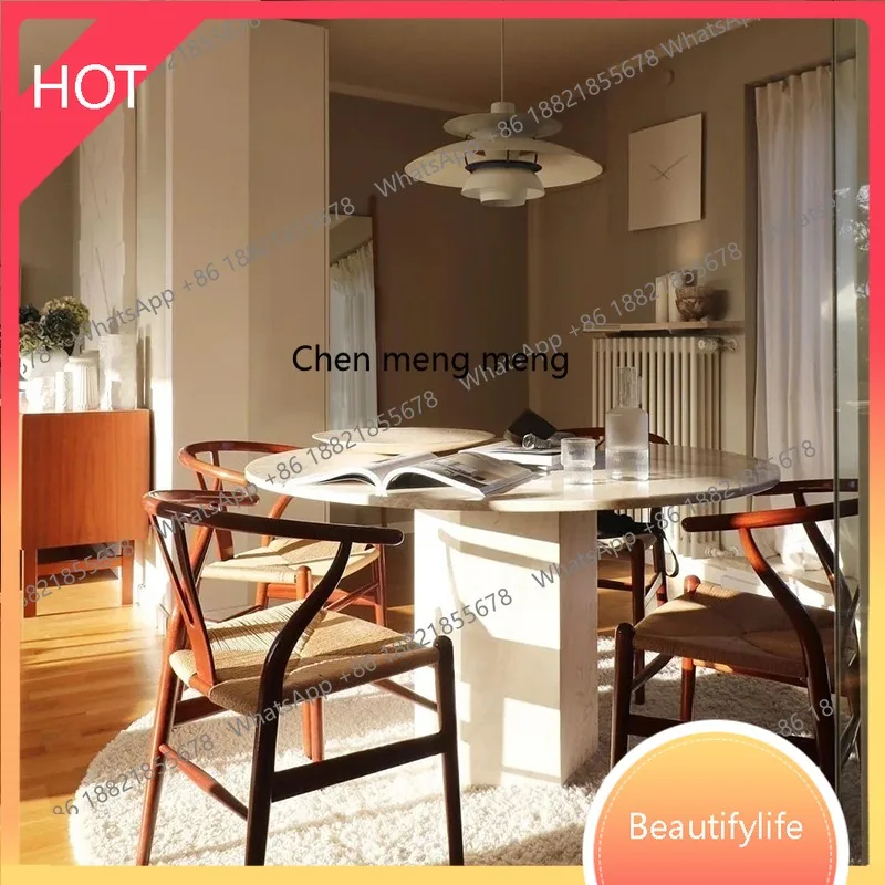 

D07 French Natural Travertine Dining Table Nordic Minimalist Designer Round Marble Dining Table