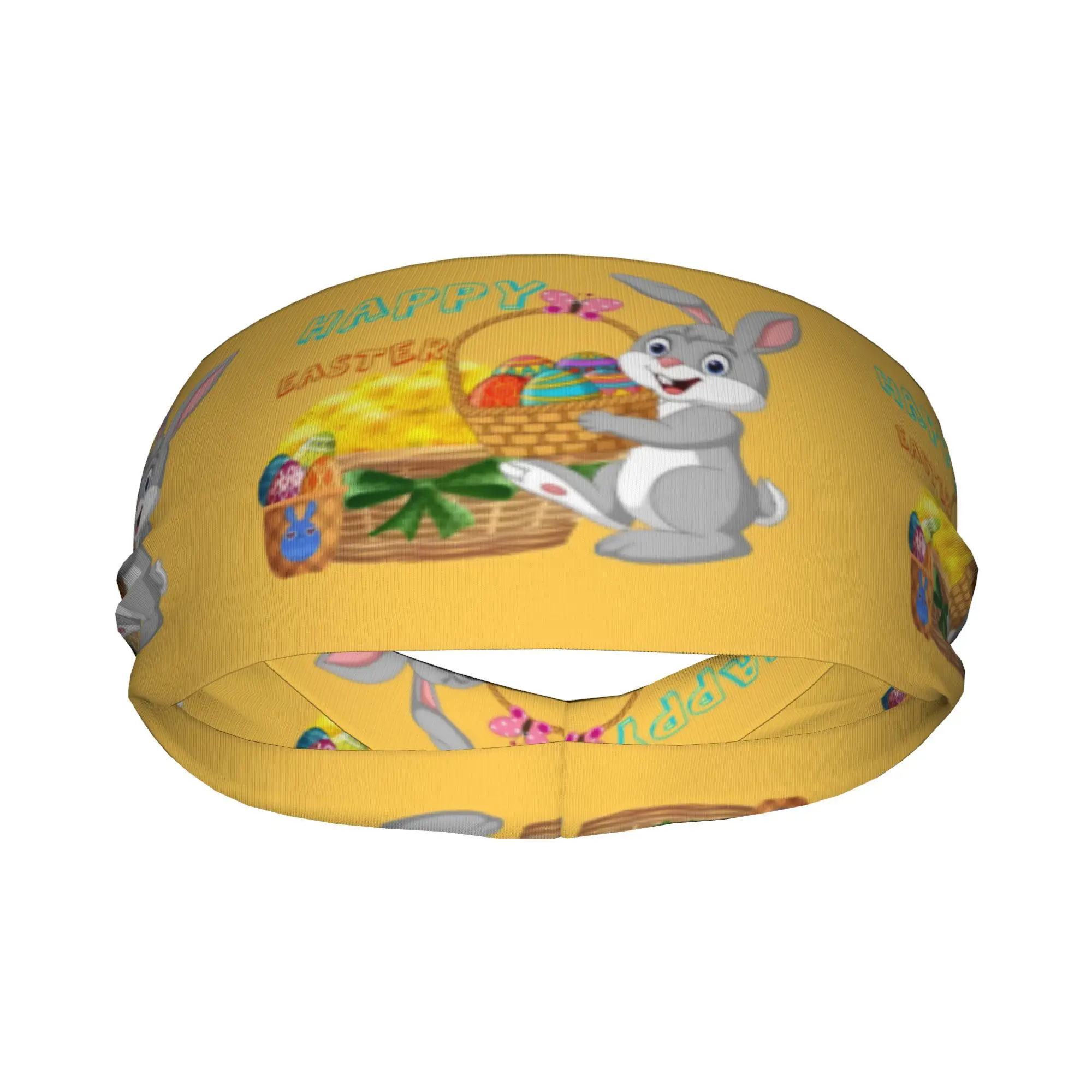 

Happy Easter Bunny Print Headband Cute Rabbit Egg Basket Pattern Sweatband Moisture Wicking Stretch Headwrap Holiday Party Use