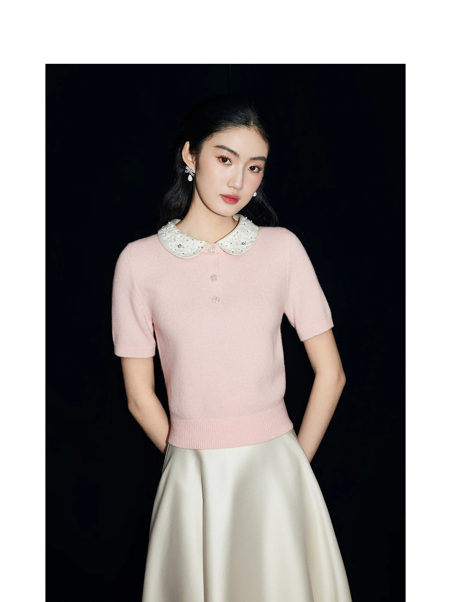 

MandyZhang Elegant Daily Short Sleeve Knitted Sweater Pink Doll Collar Women's 100 Wool Top Diamond Bead Flower Embellished