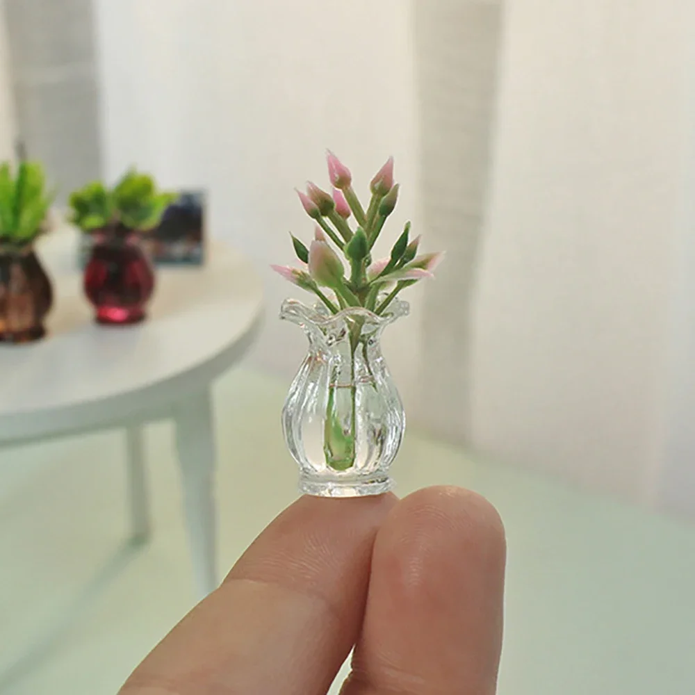 3Pcs 1/12 Dollhouse Miniature Resin Vase with Flower Mini Green Plants Model Toy Doll House Accessories Decoration