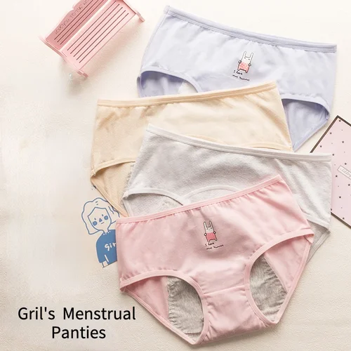 Imagen 2 del producto Ropa interior de período de dibujos animados para niñas, bragas menstruales a prueba de fugas para adolescentes, ropa interior lavable reutilizable absorbente de 4 capas, 3 uds.