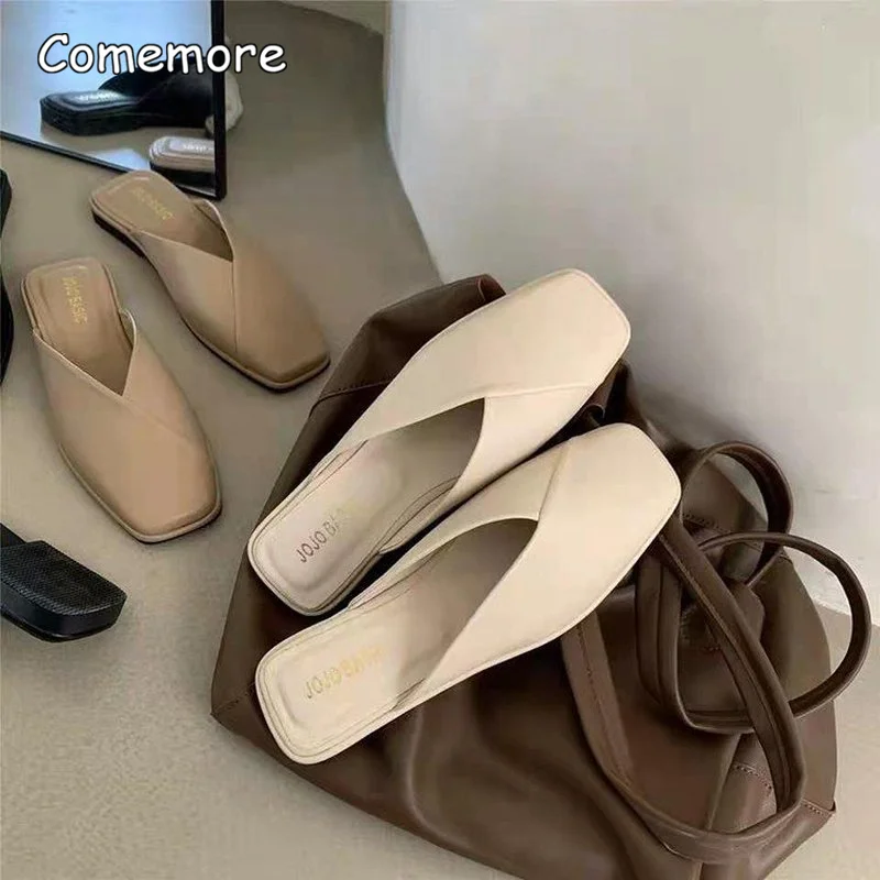 Comemore Fashion Slip on Mules Big Size 43 Flat Slippers 2023 Summer Women Flat Casual Outdoor Square Toe Shoes Ladies Slippers