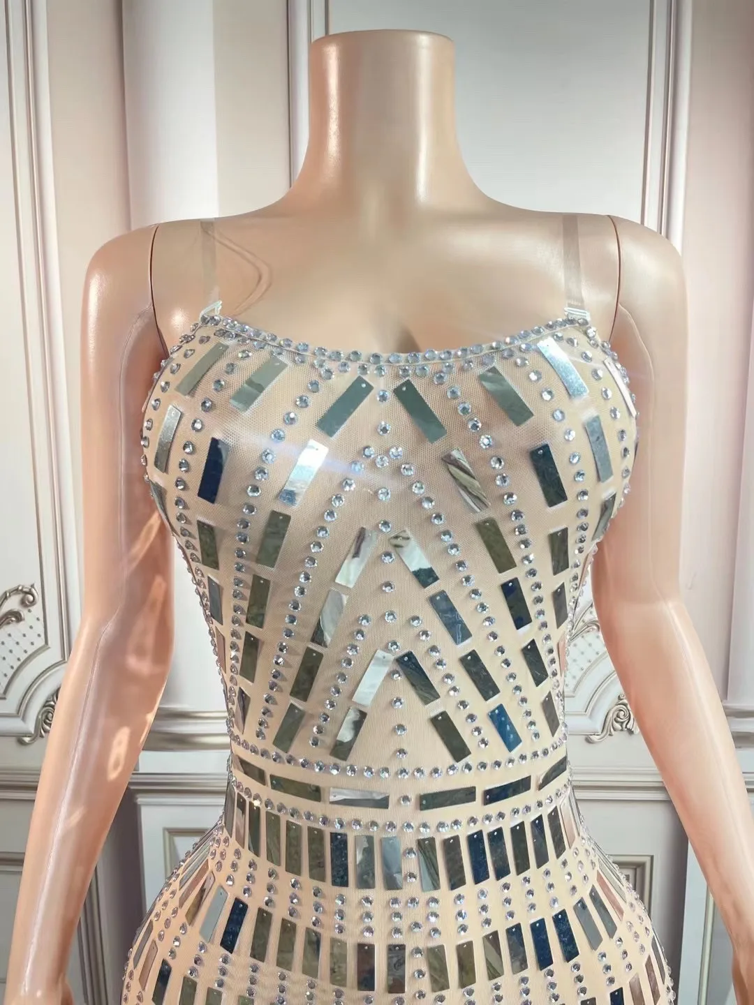 New Sparkly Silver Rhinestones Transparent Sleeveless Dress Prom Party Birthday Celebrate Stones Outfit Evening Singer Costume