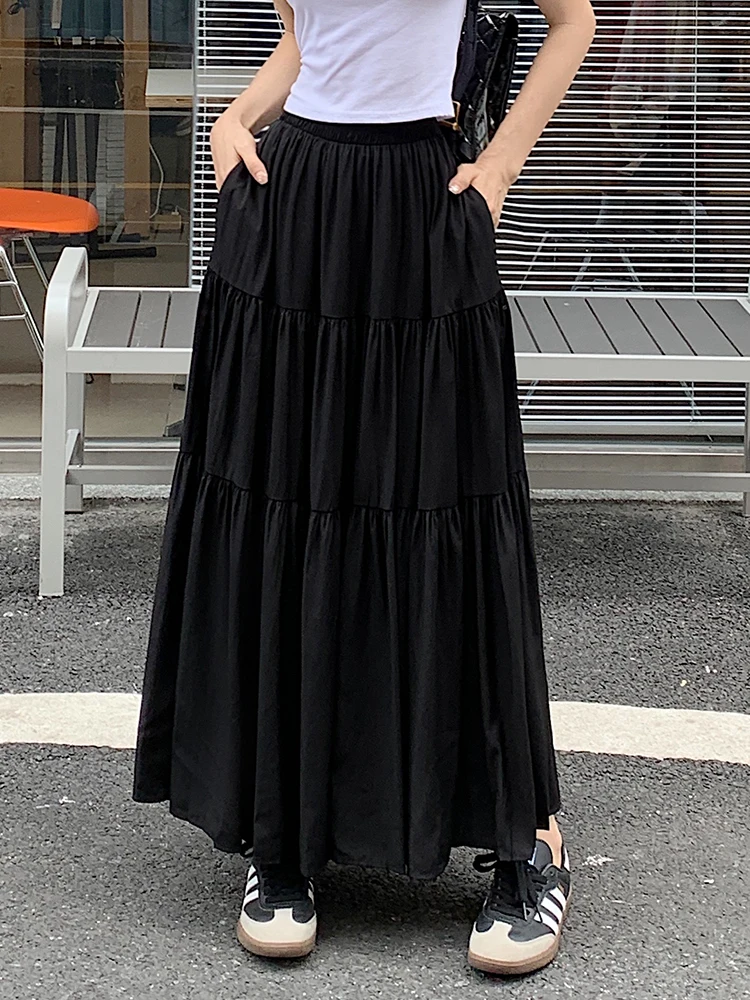 2024 Nieuwe Stijlvolle Pocket Geplooide Rokken A-Line Vrouwen Elastische Hoge Taille Lange Rok Maxi Koreaanse Mode Elegante Casual Losse Rok