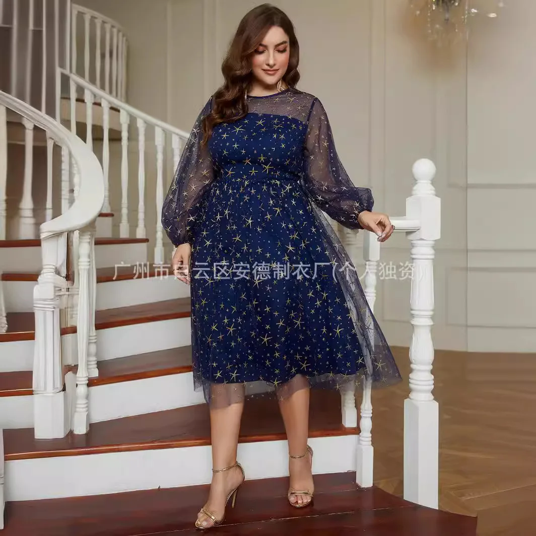 

Fashion Hot Gold Sea Star Mesh Starry Sky Skirt Lace Plus Size Women's Dress Print 2025 Party Summer Elegantes Casual Y2k
