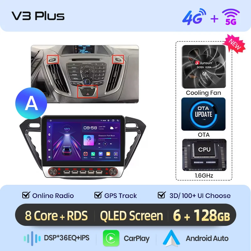 Junsun 13.1″ QLED draadloze CarPlay Android Auto autoradio voor Ford Transit Custom Tourneo 2013-2021 intelligente systemen DSP SWC