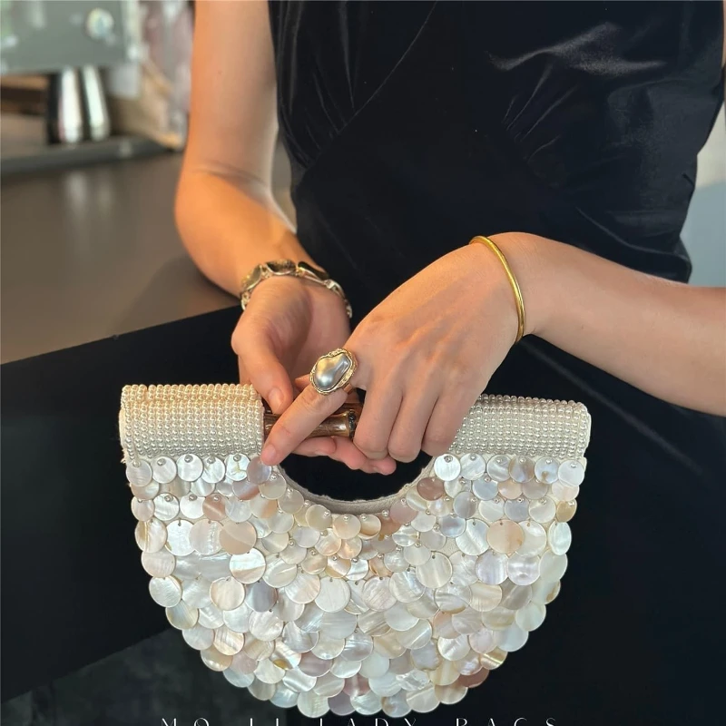 French haute fairy bamboo shell fritillary vegetable basket banquet hand-woven pearl haute clutch bag