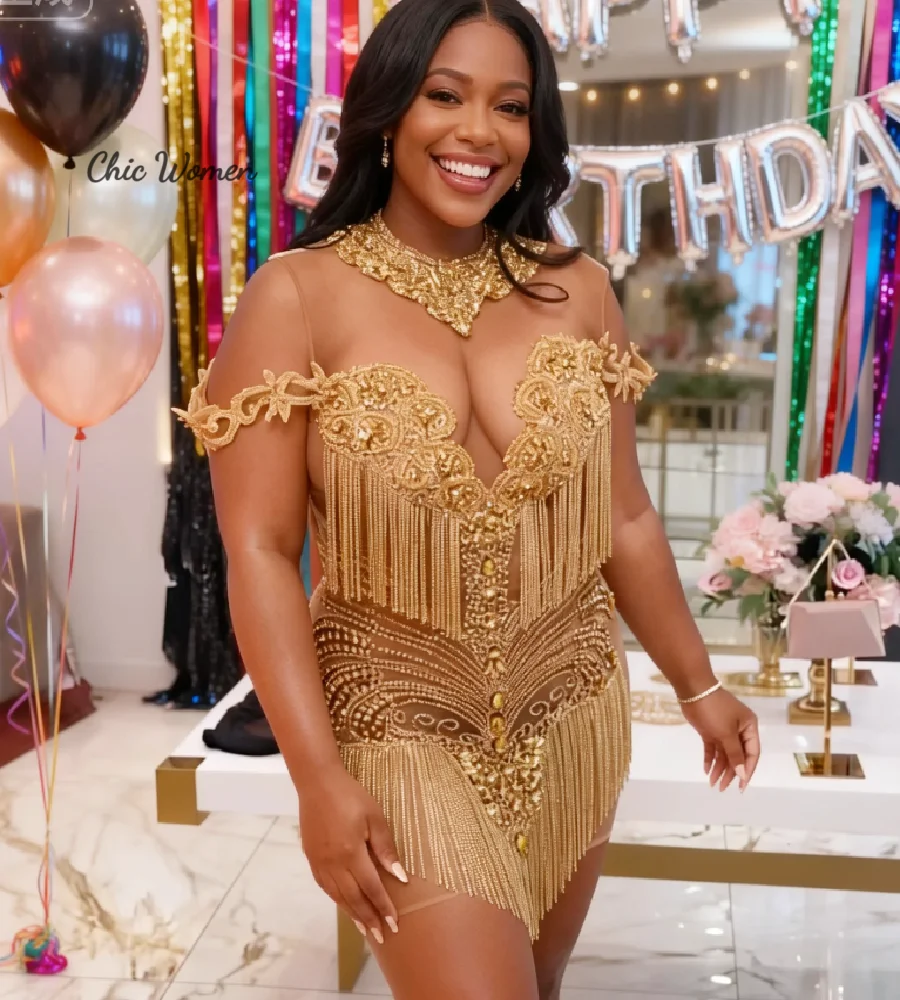 

Роскошное золотое мини-платье с бриллиантами для выпускного вечера, короткое, больших размеров, для дня рождения, с бахромой, для темнокожих девушек, Aso Ebi, расшитое бисером, вечернее, коктейльное