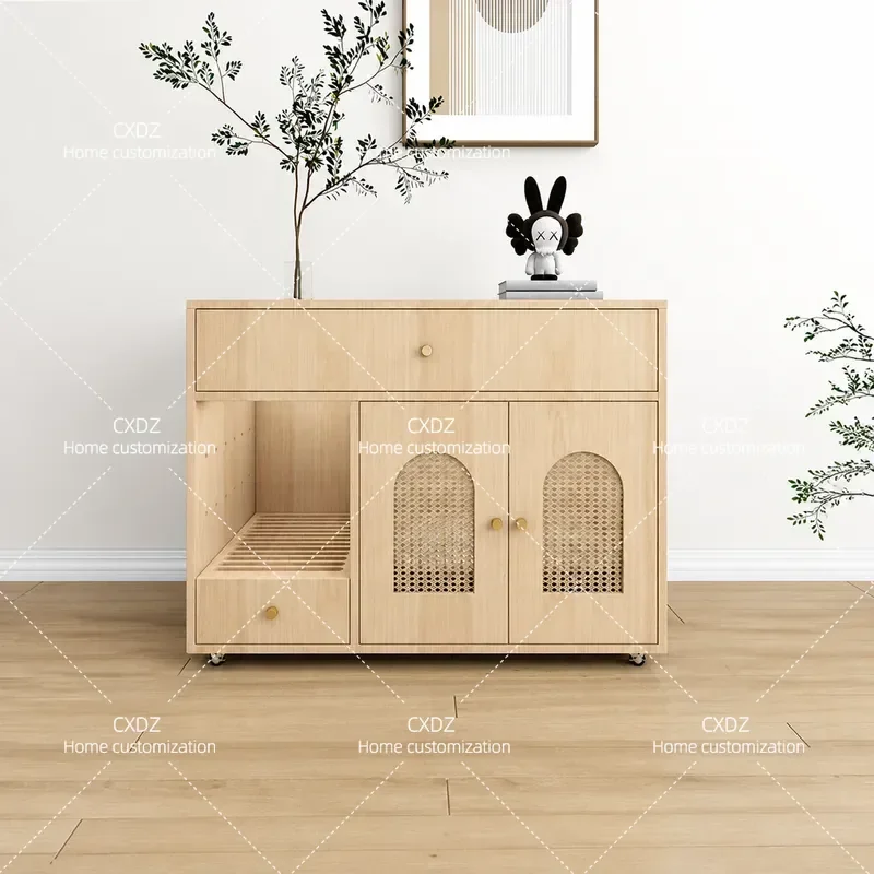 Large Capacity Solid Wood Cat Litter Box Cabinet Closed Deodorant Waterproof Moisture Proof Anti Track Sand Integrated Cat