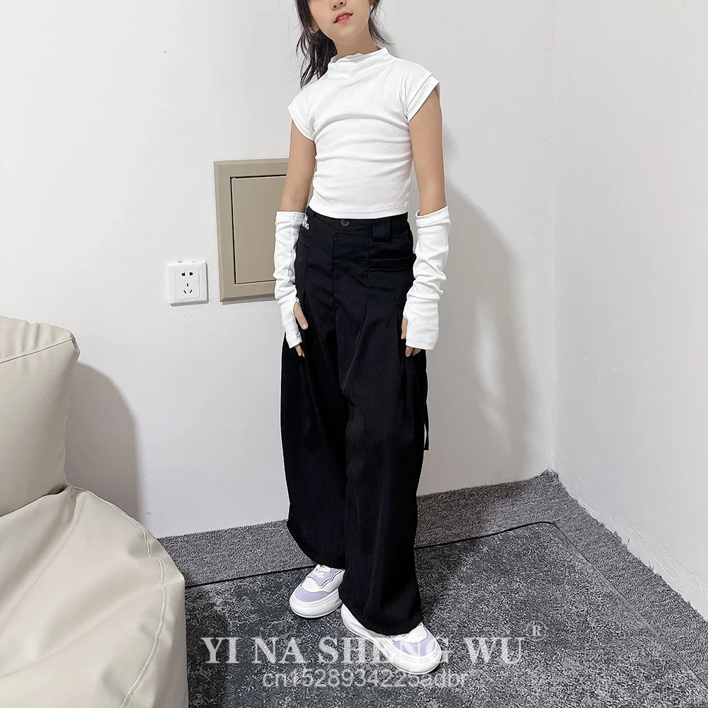 K-pop الفتيات ملابس الهيب هوب ملابس رقص الجاز الرقص المحاصيل القمم أبيض أسود السراويل الحديثة أداء الرقص دعوى مجموعة ارتداء