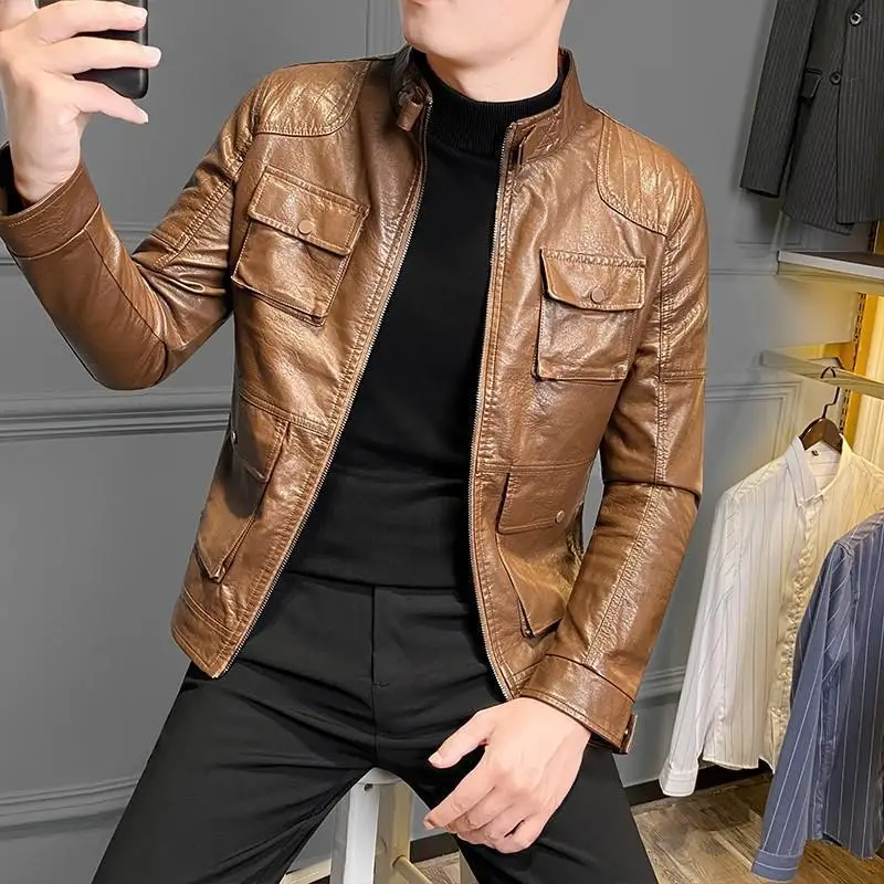 New Men's Pu Leather Jackets Outerwear Black Soft Faux Leather Motorcycle Jacket Men Stand Pocket Coats