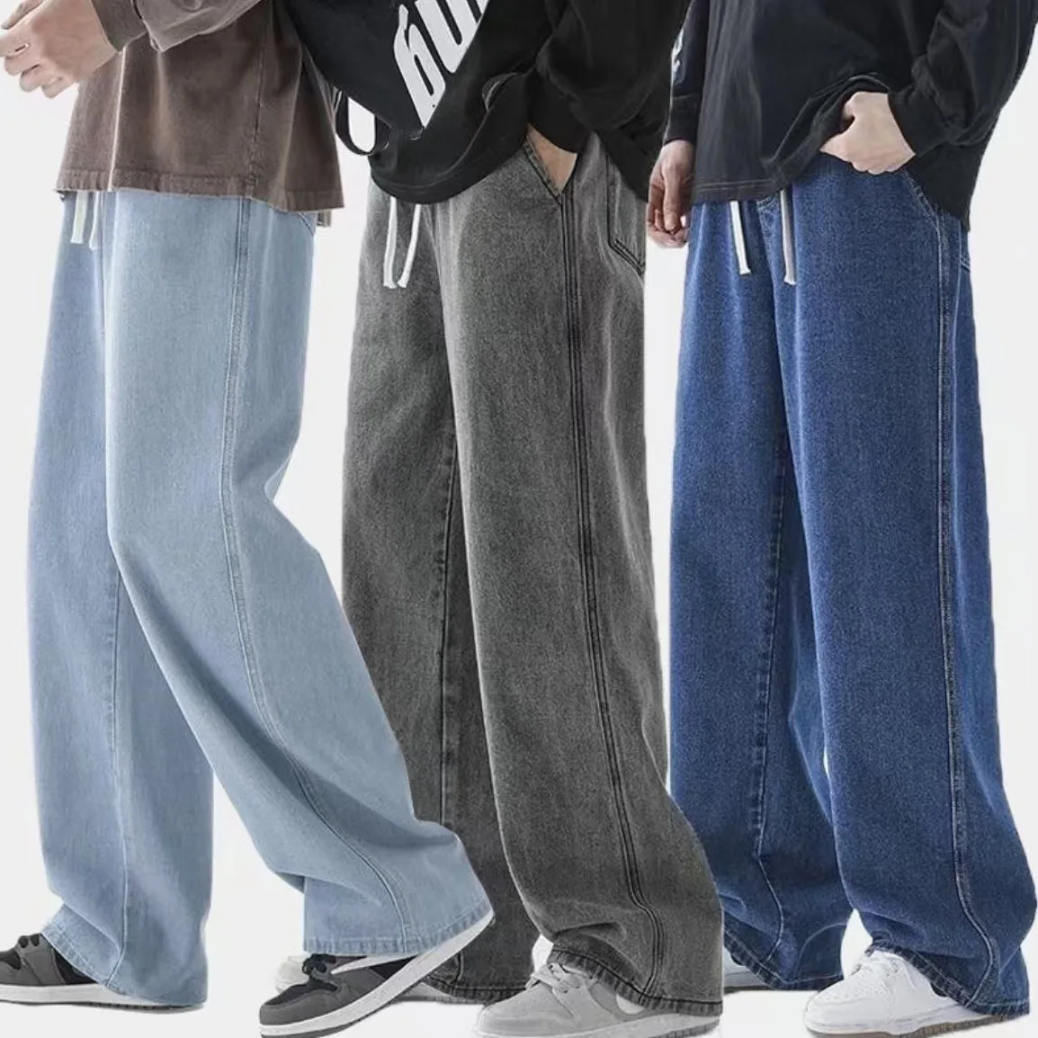 

2026 Spring Drawstring Elastic Waist Men's Jeans Straight Wide Leg Loose Trend Casual Pants Pants