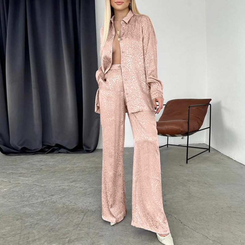 Elegant Satin Loose Straight Pants Outfits 2024 Leopard Print Spring Two Piece Sets Casual Commuting Long Sleeved Women's Suit