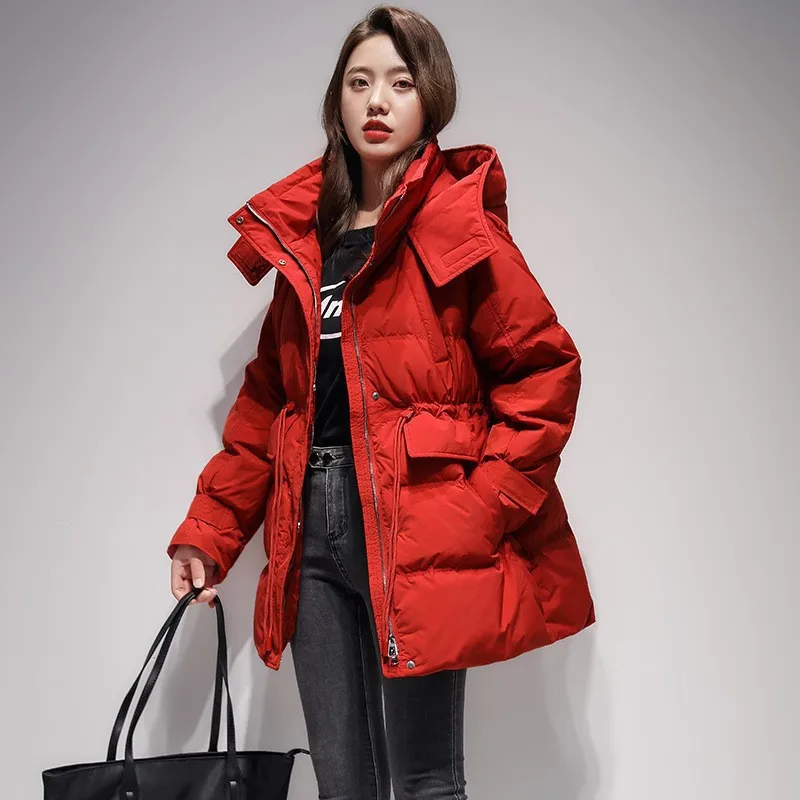 

Women's White Duck Down Hooded Parkas, Female Thick Coat, Warm Jackets, Stand Collar, Casual Loose, Winter, New, 90%, 2024