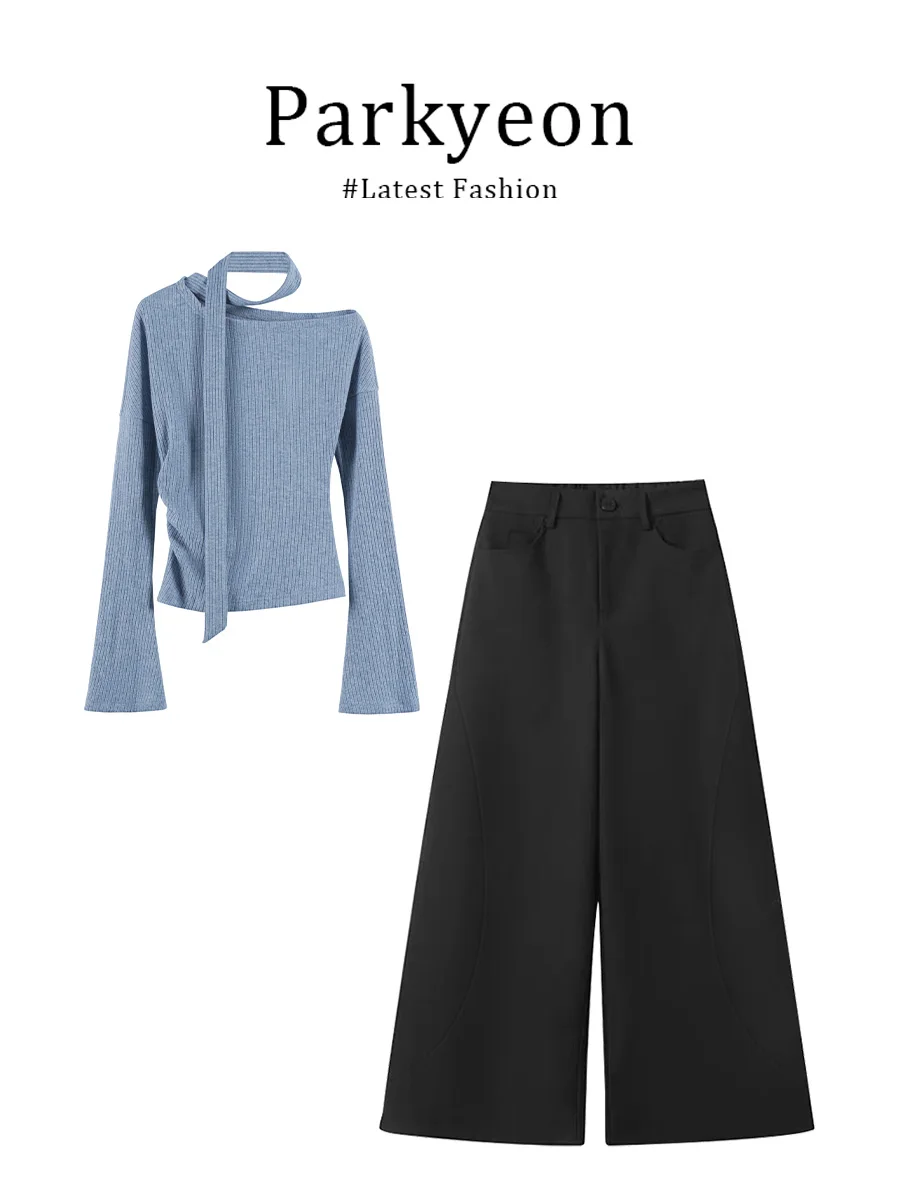 

Parkyeon Fashionable Long Sleeve Knitted Top And High Waist Skirt Set Women's Summer Outfit High Waist round Neck French...