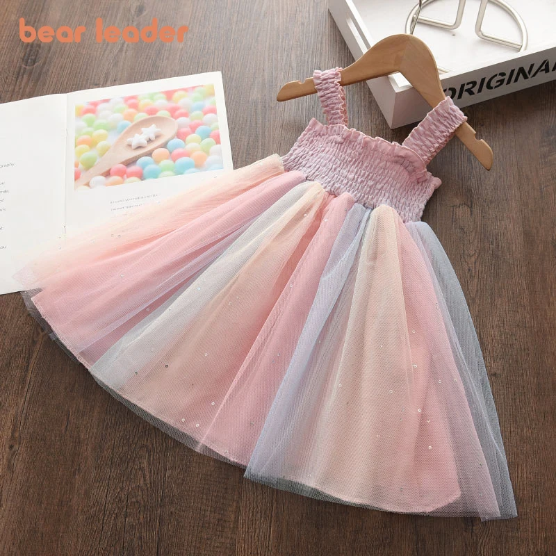 Bear Leader New Kids Dresses for Girls Sleeveless Dress Sequined Party Costume Mesh Summer Puffy Dress Rainbow Children Clothing