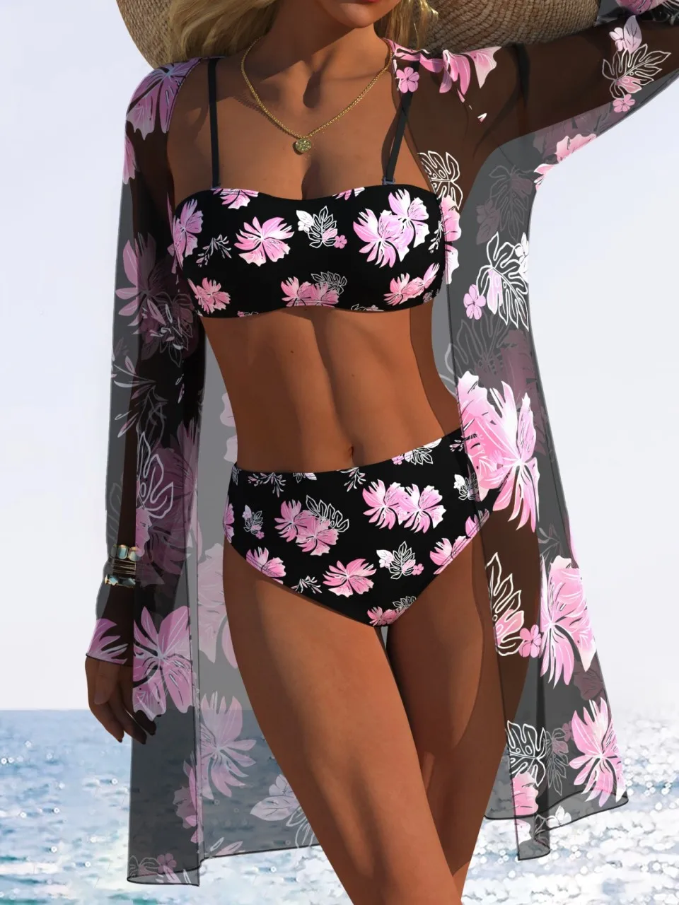 Strappy 3 Pieces Printd Bikini Beach Kimono 2026 Women Triangle Swimwear Female Bathing Swimming Suit Padded Beachwear Summer