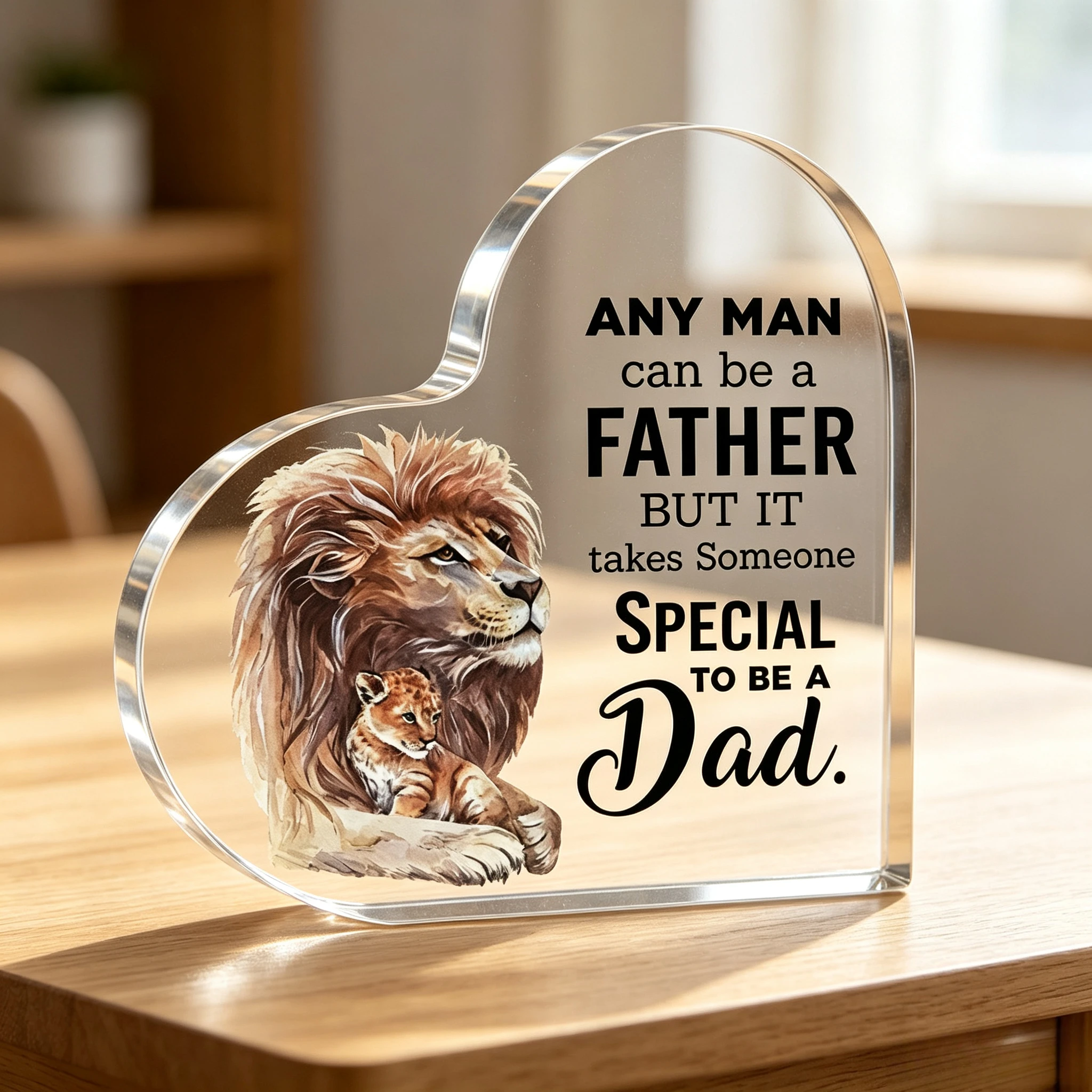 Lion And Cub Heart‑Shaped Acrylic Plaque, Father’s Day Desktop Tabletop Decor