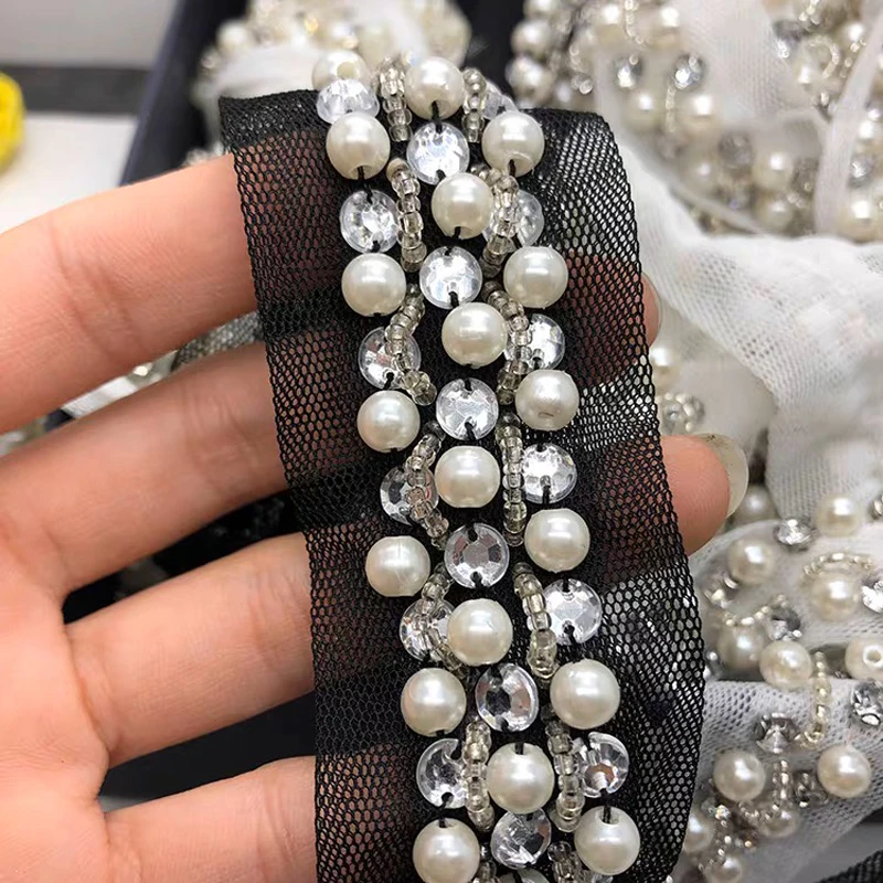 50CM Price Black Off White Pearl Beaded Lace Trim Collar Ribbons African Lace with Rhinestone Sewing Materials For Wedding Dress