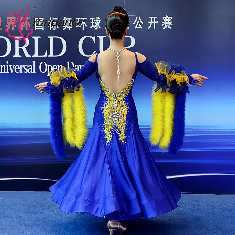 B-25127 Vestido de competição de dança de salão padrão internacional personalizado para mulheres azul royal com strass roupa de palco
