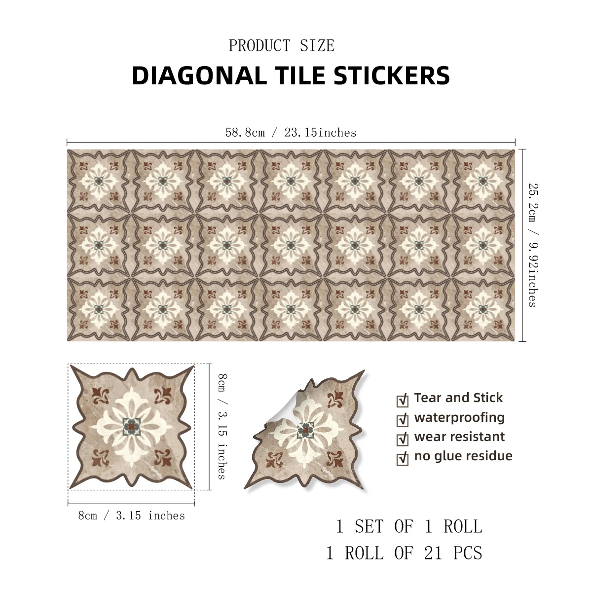1 Set of 21 Gray Brown, Moroccan Vintage Style Diagonal Stickers Glue Waterproof Floor Home Decor Wall Stickers