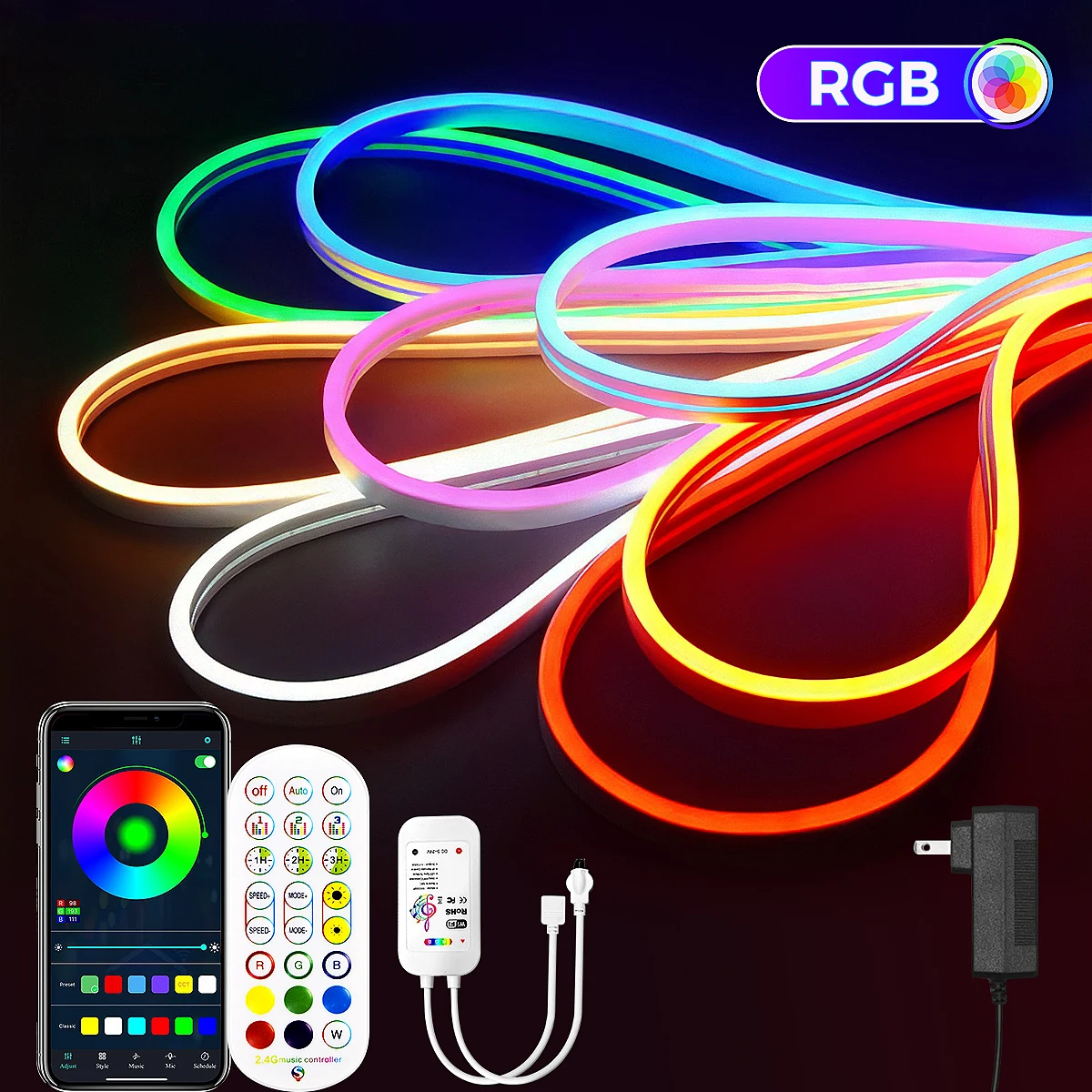 10M/5M/3M Neon WIFI RGB Led Strip Lights Outdoor Waterproof with Music Sync, 108leds/m DIY Tape with Remote and App for Bedroom