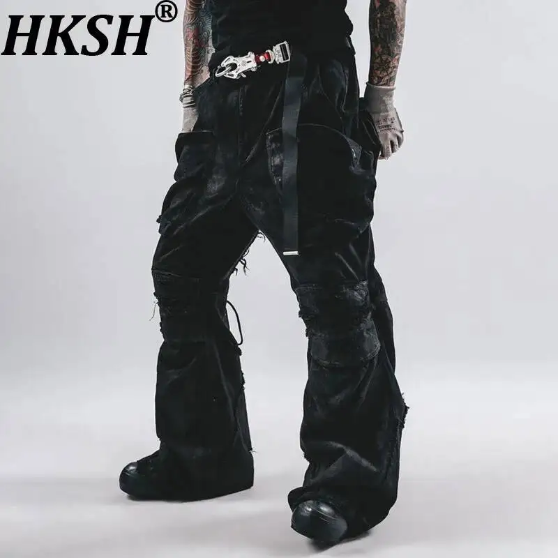 

HKSH весна осень новые мужские трендовые темные стильные потертые потертые регулируемые брюки из батика винтажные свободные тяжелые дизайны HK13420