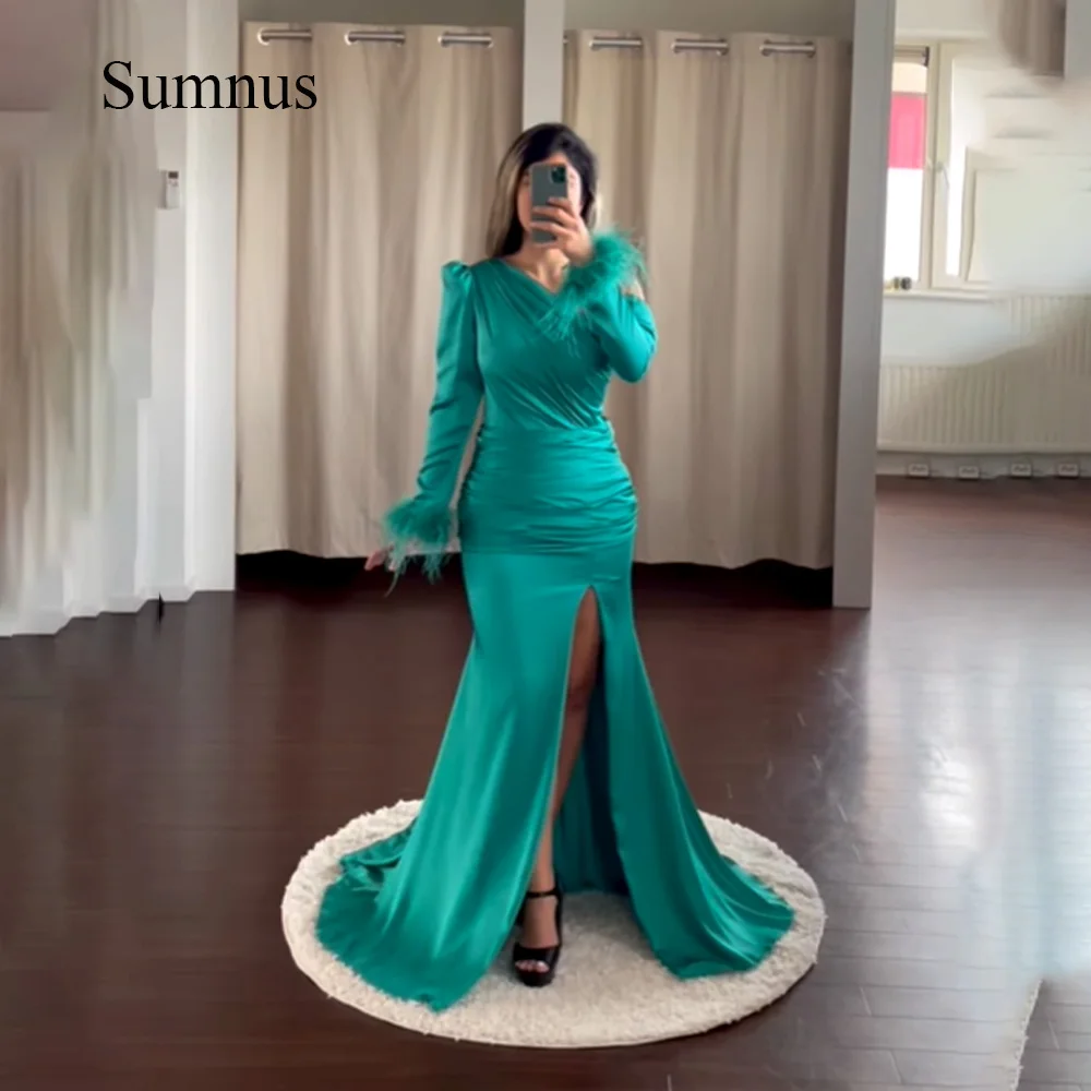 

Sumnus Green Feather Long Sleeve Mermaid Evening Party Dresses High Split Pleats Satin Off Shoulder Event Prom Gowns Customized