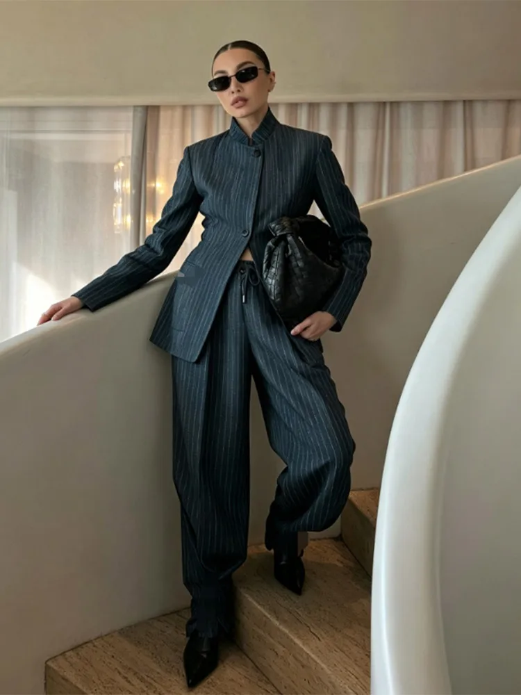 Conjunto de dos piezas de blazer a rayas de lino vintage, manga larga, pantalón de pierna ancha, otoño 2026, traje de oficina para mujer, moda de vacaciones, traje para damas.