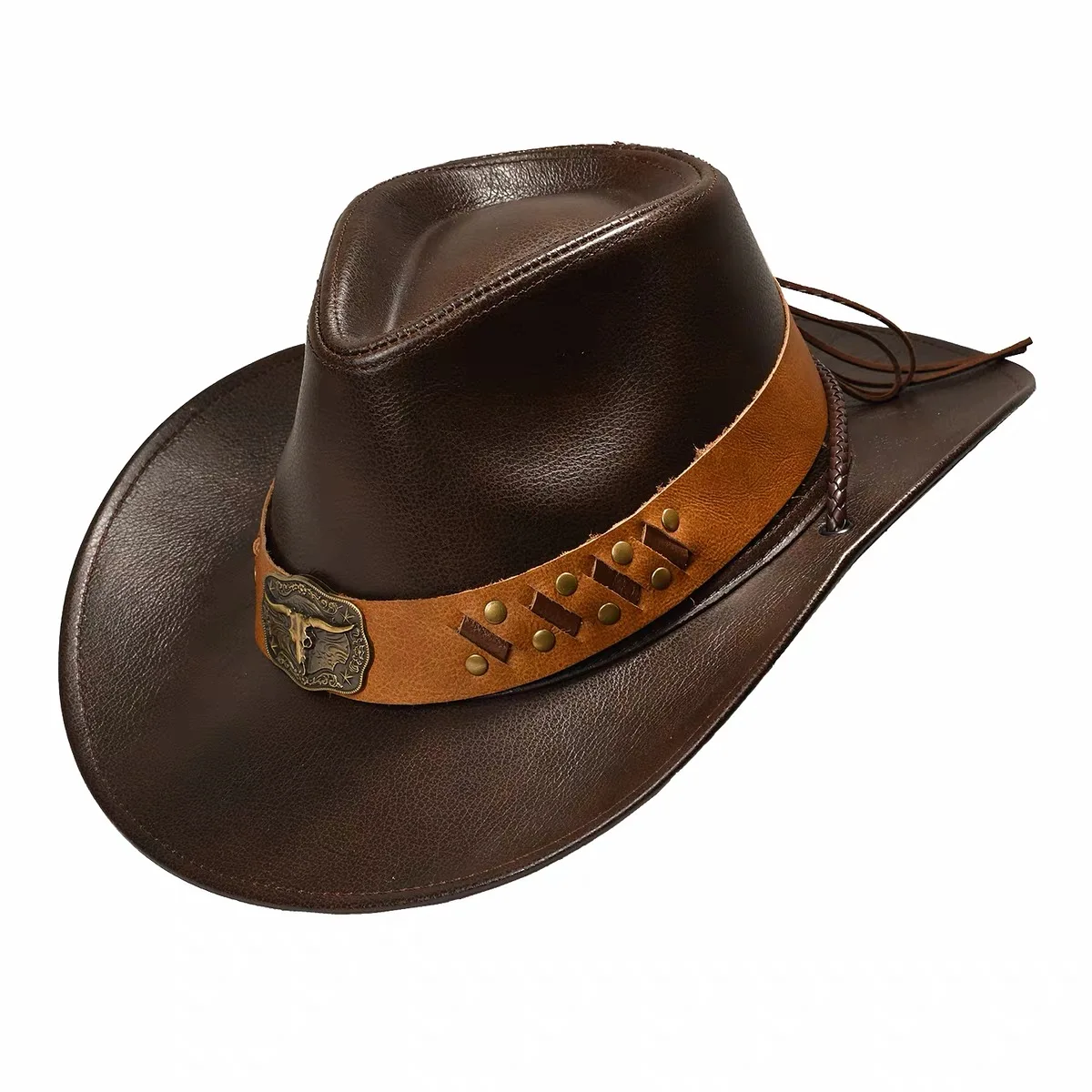 Man High Quality Genuine Leather Cowboy Hat Jazz Fedora Gentleman CowSkin Short Brim Black/Brown Fitted Top Hat