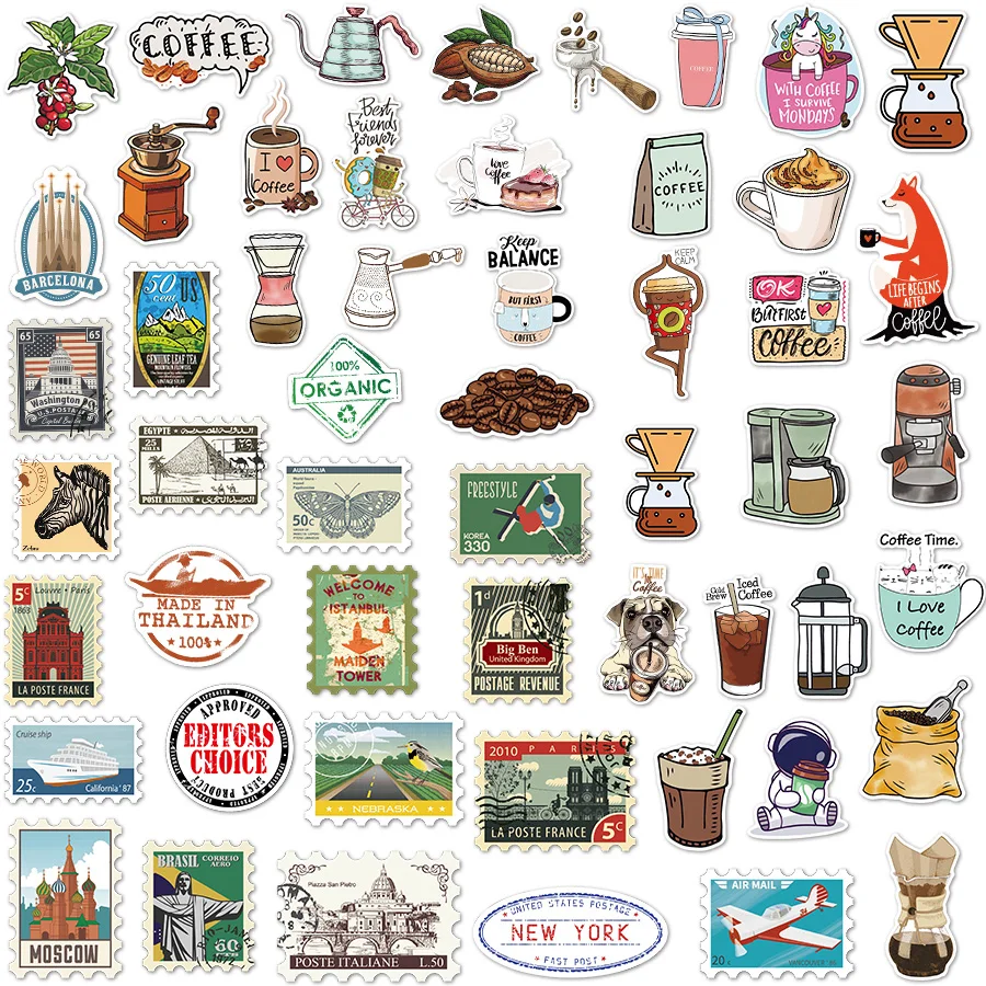 100 Cartoon Mushroom Cute Coffee Waterproof Stickers for Children's Toys DIY Laptop Tablet Computer Carrying Case Bicycle Fridge